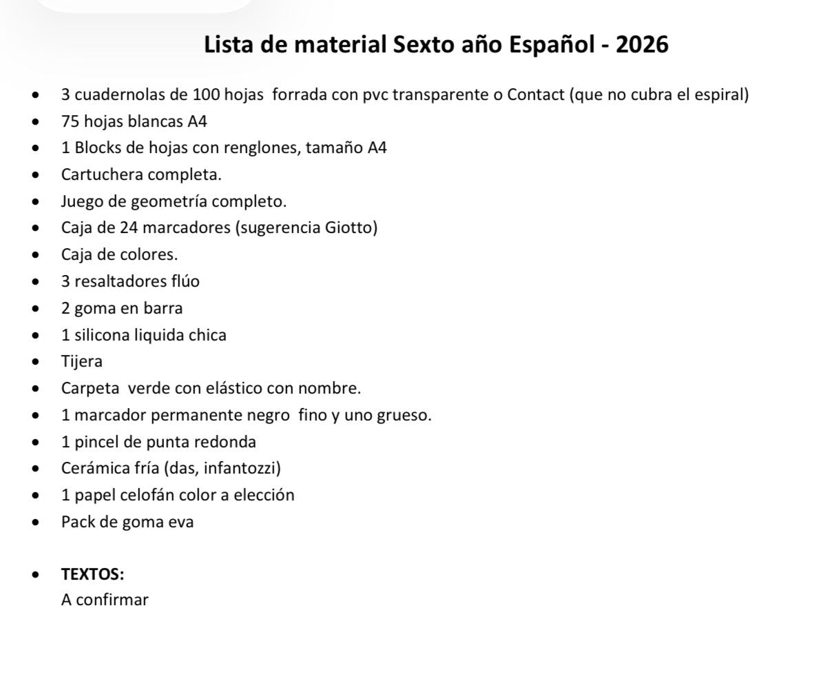 Lista Completa Colegio Lagomar 6º año Español e Inglés 2026