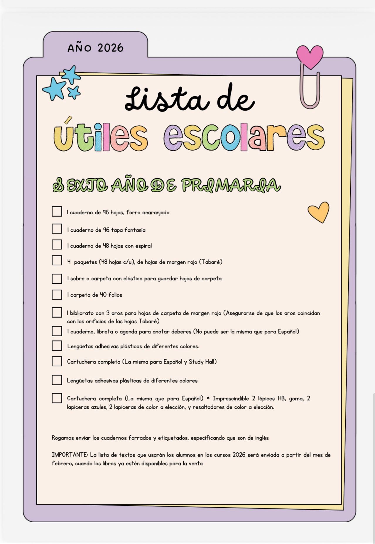 Lista de Materiales Completa para el Colegio Richard Anderson, 6º Año Inglés 2026