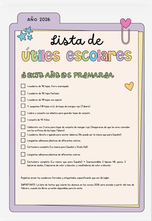 Lista de Materiales Completa para el Colegio Richard Anderson, 6º Año Inglés 2026