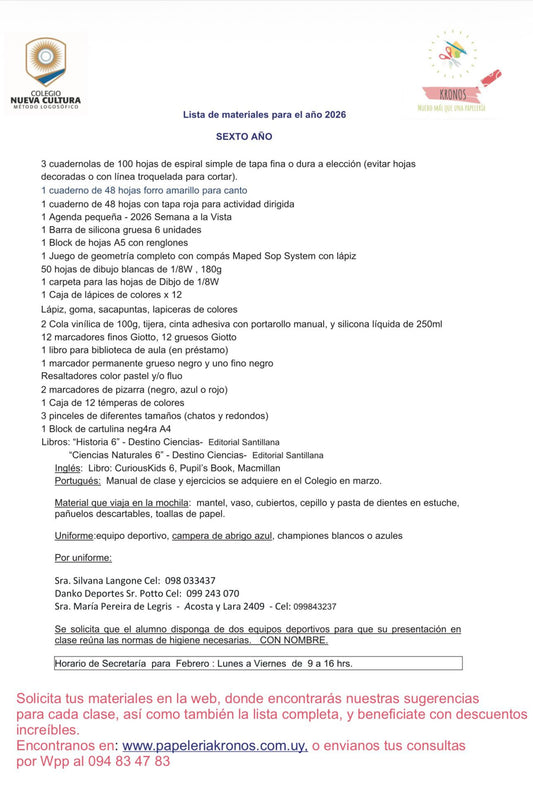 Lista Completa Nueva Cultura 6º Año 2026