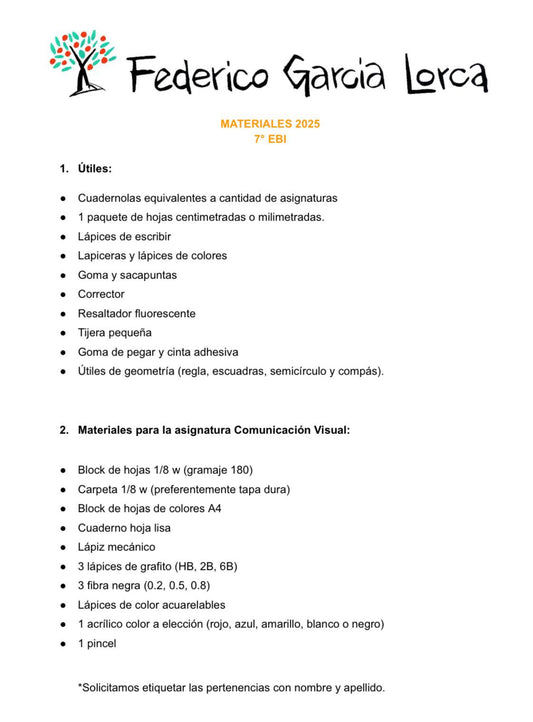 Lista Completa Colegio García Lorca 7º año 2026