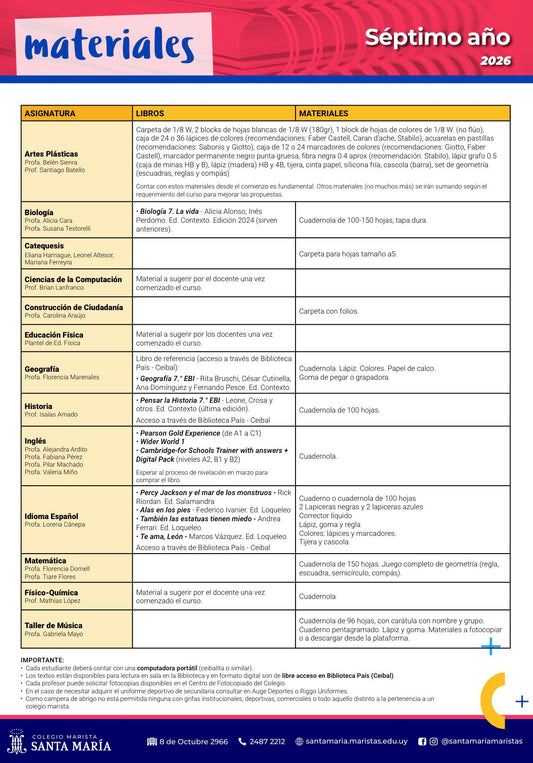 Lista Completa Colegio Maristas 7º año 2026