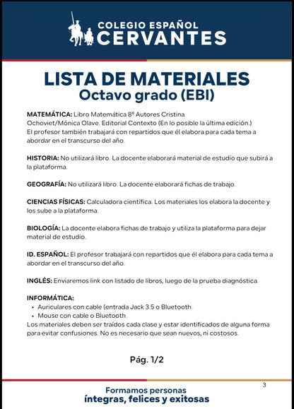 Lista Completa Colegio Cervantes 8º año 2026