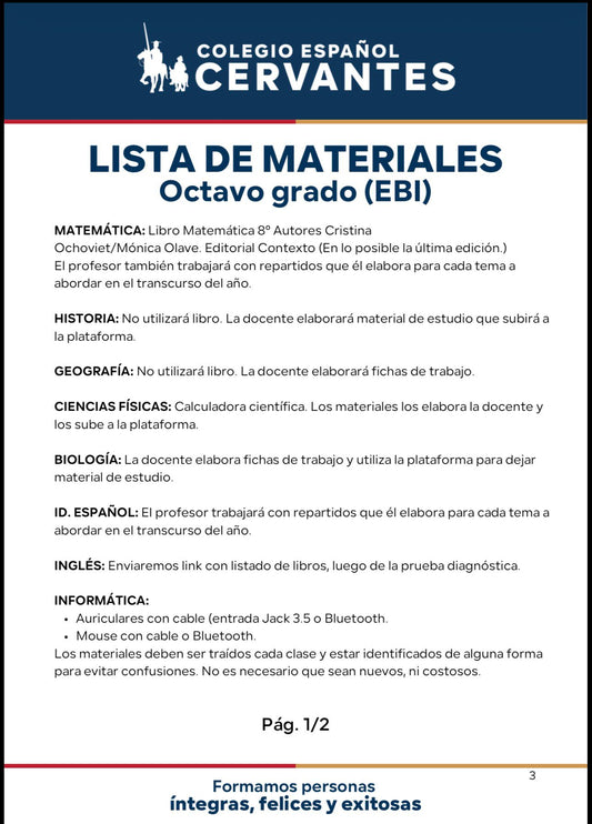 Lista Completa Colegio Cervantes 8º año 2026