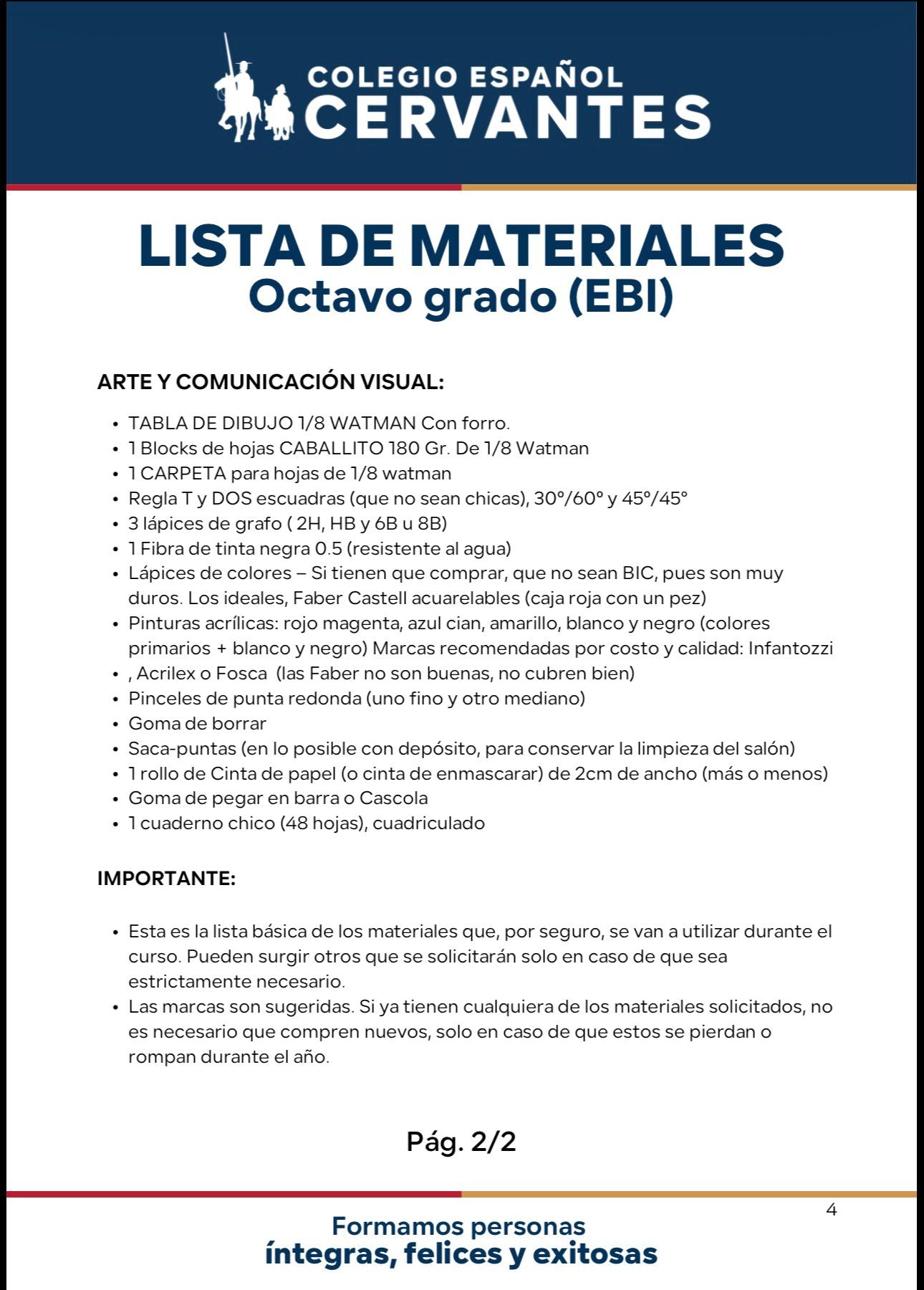 Lista Completa Colegio Cervantes 8º año 2026