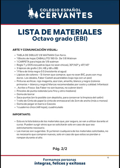 Lista Completa Colegio Cervantes 8º año 2026