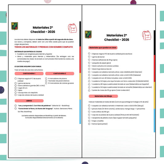 Lista de Materiales Completa para el Colegio Alemán 2º año 2026