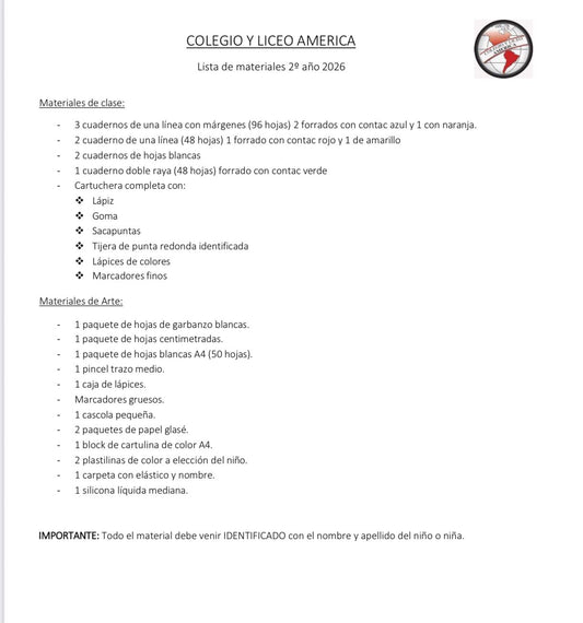 Lista Completa Colegio América 2º año 2026