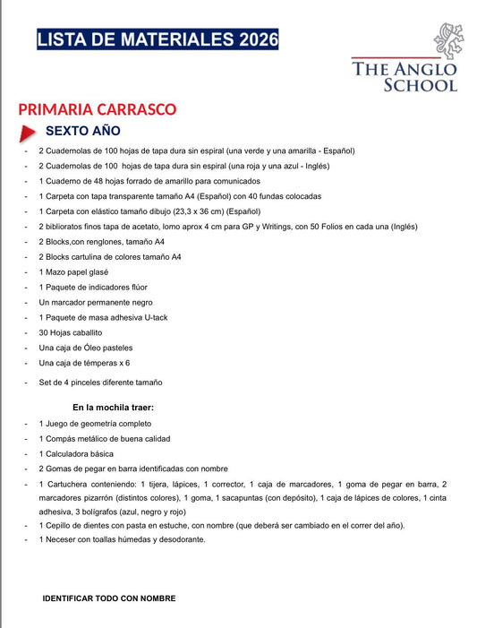 Lista de Materiales Completa para el Colegio Anglo School Carrasco 6º año 2026