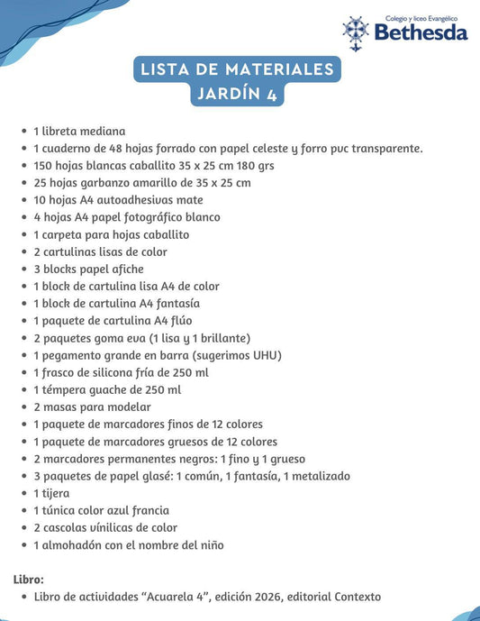 Lista Completa Colegio Bethesda Nivel 4 año 2026
