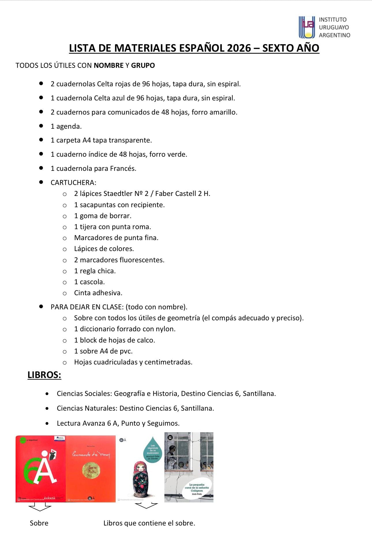 Lista Completa Colegio IUA 6º Español e Inglés 2026