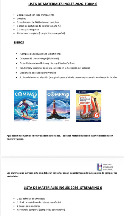 Lista Completa Colegio IUA 6º Español e Inglés 2026