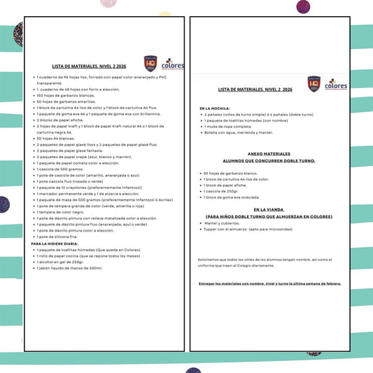 Lista Completa Colegio Horacio Quiroga Nivel 2 Español Completo 2026