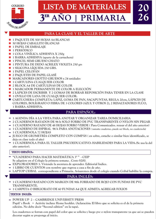 Lista de Materiales Completa para el Colegio Juana de América 3º año 2026