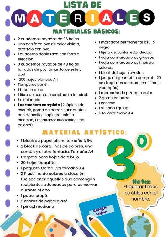 Lista de Materiales Completa para el Colegio Nuestra Señora del Luján 3º año 2026