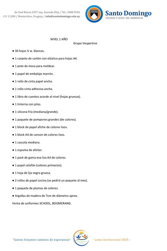 Lista de Materiales Completa para el Colegio Santo Domingo Nivel 1 Vespertino 2026