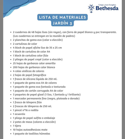 Lista Completa Colegio Bethesda Nivel 3 año 2026