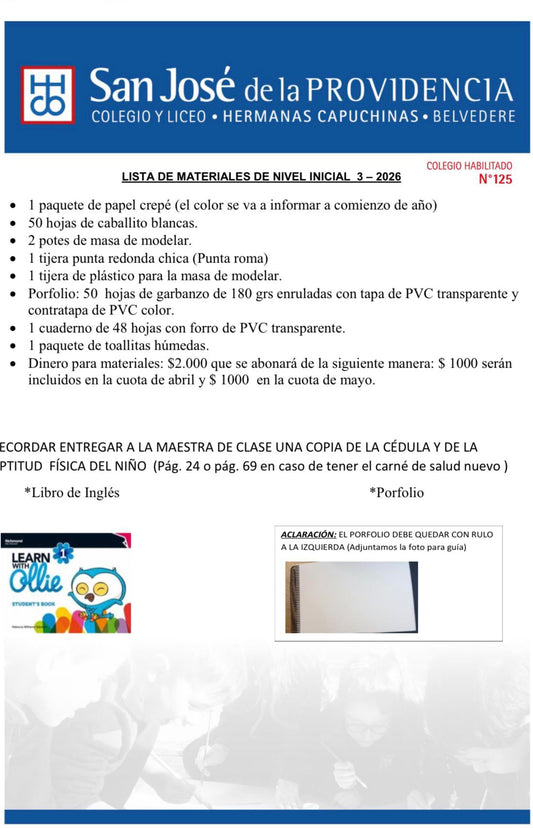 Lista Completa Colegio San José de la Providencia Nivel 3 año 2026