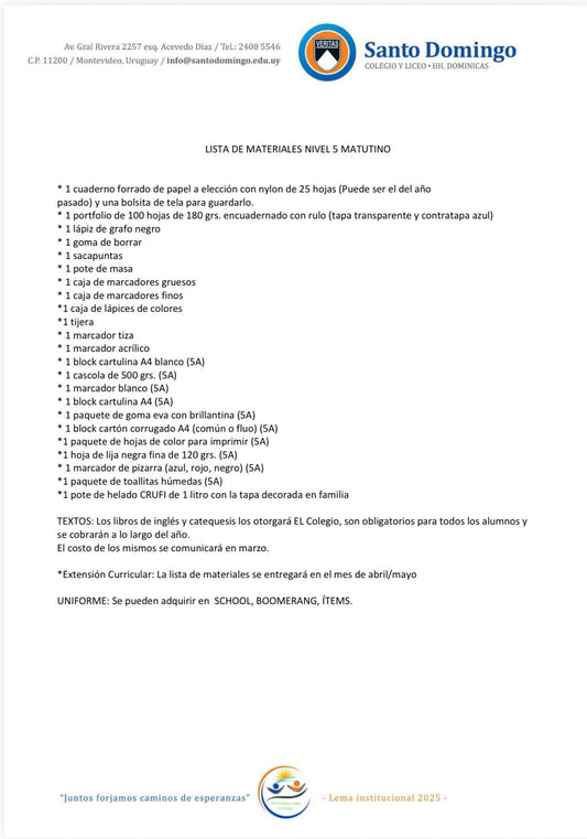 Lista de Materiales Completa para el Colegio Santo Domingo Nivel 5 A Matutino 2026