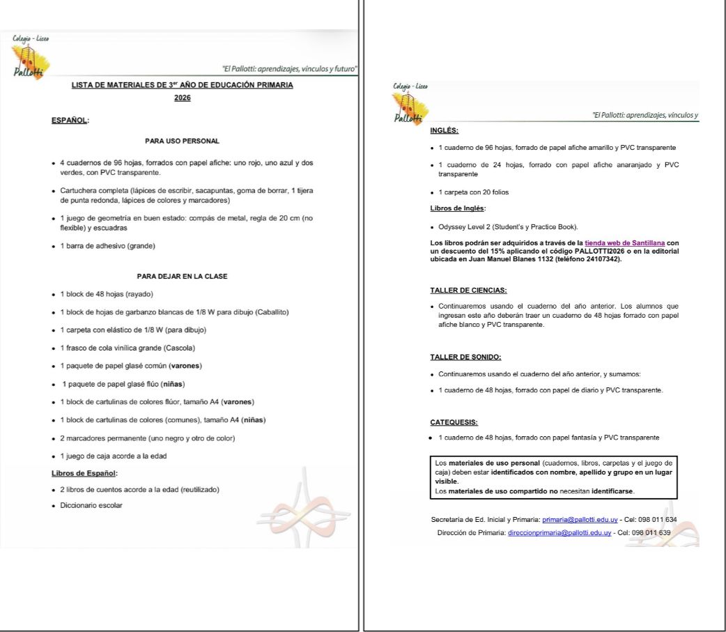 Lista Completa Colegio Pallotti 3º año 2026