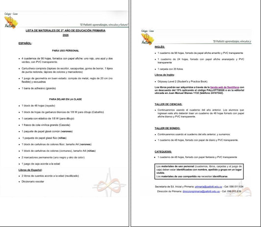 Lista Completa Colegio Pallotti 3º año 2026