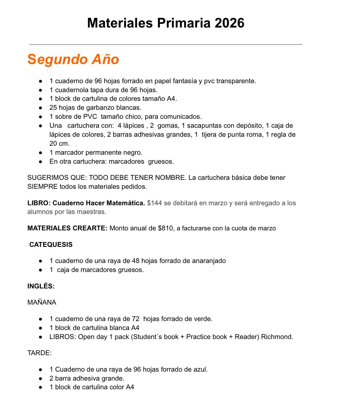 Lista de Materiales Completa para el Colegio San Juan Bautista 2º año 2026