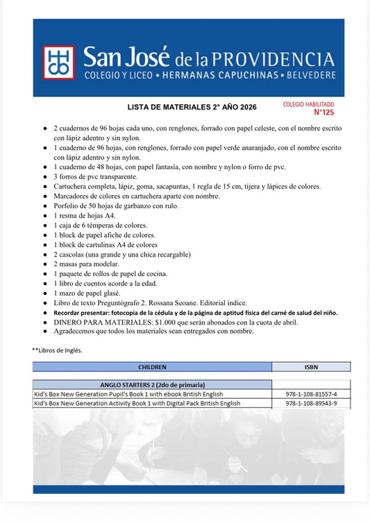 Lista Completa Colegio San José de la Providencia 2º año 2026