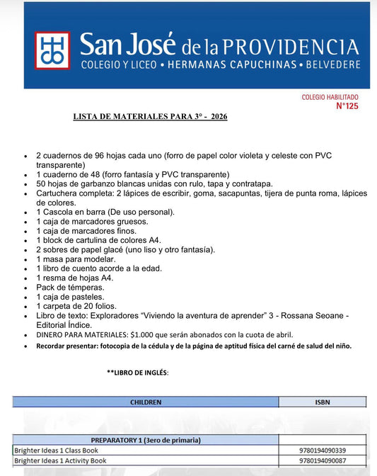 Lista Completa Colegio San José de la Providencia 3º año 2026