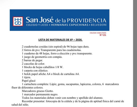 Lista Completa Colegio San José de la Providencia 6º año 2026