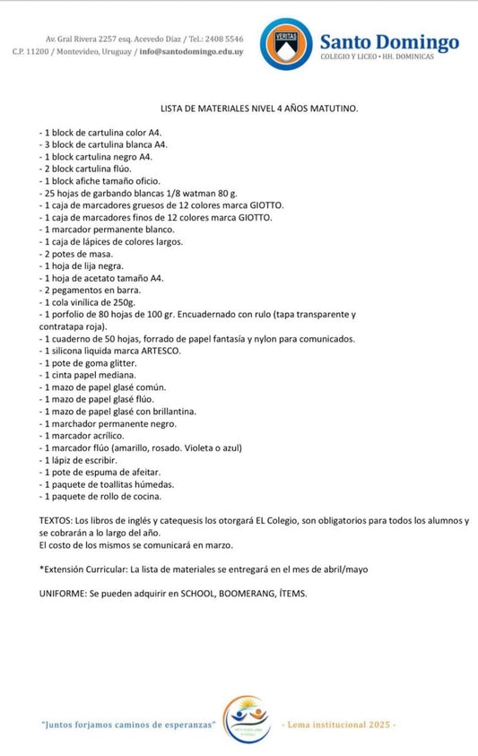 Lista de Materiales Completa para el Colegio Santo Domingo Nivel 4 Matutino 2026