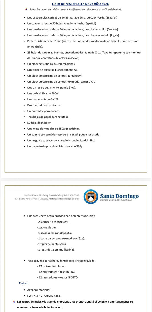 Lista de Materiales Completa para el Colegio Santo Domingo 2º año 2026