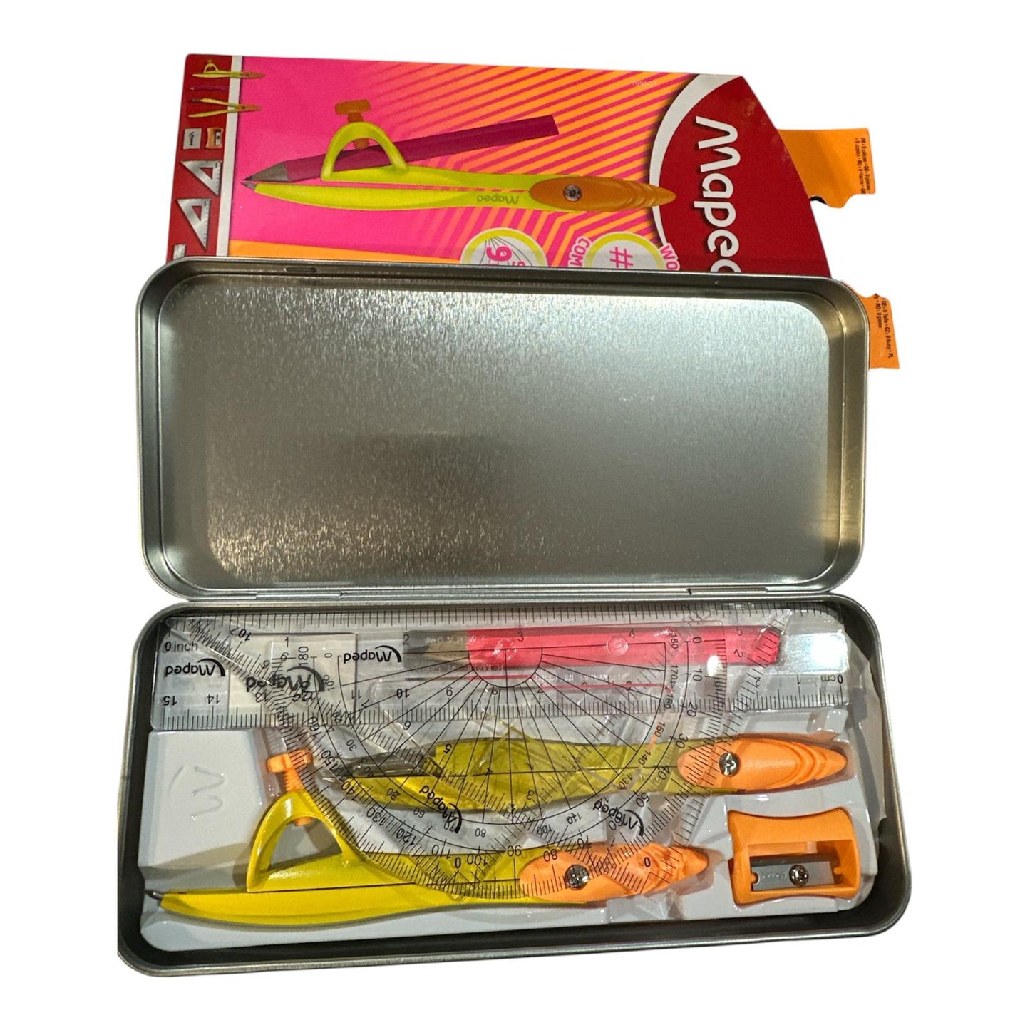 Juego de Geometría Maped Neón en Lata con 9 piezas