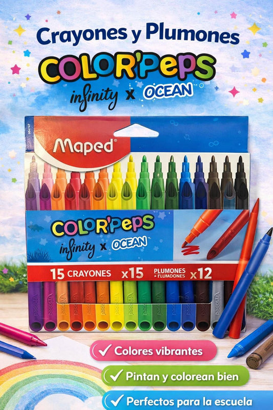 Lápices de Colores Maped Infinity x 15 y Marcadores Maped Ocean Finos x 12