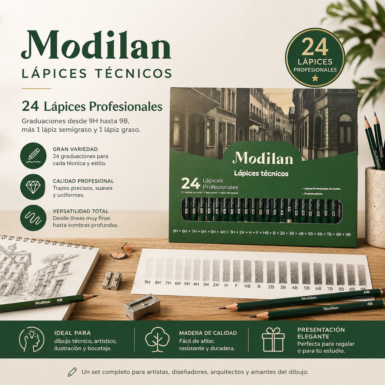 Lápices de dibujo graduados Modilan set de 24