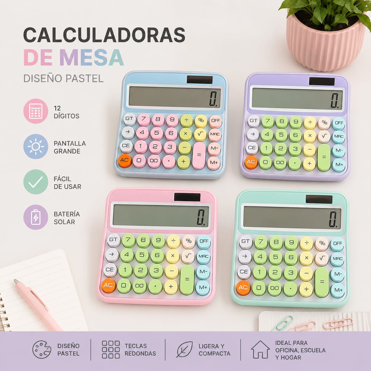 Calculadora de Mesa con teclas grandes de colores