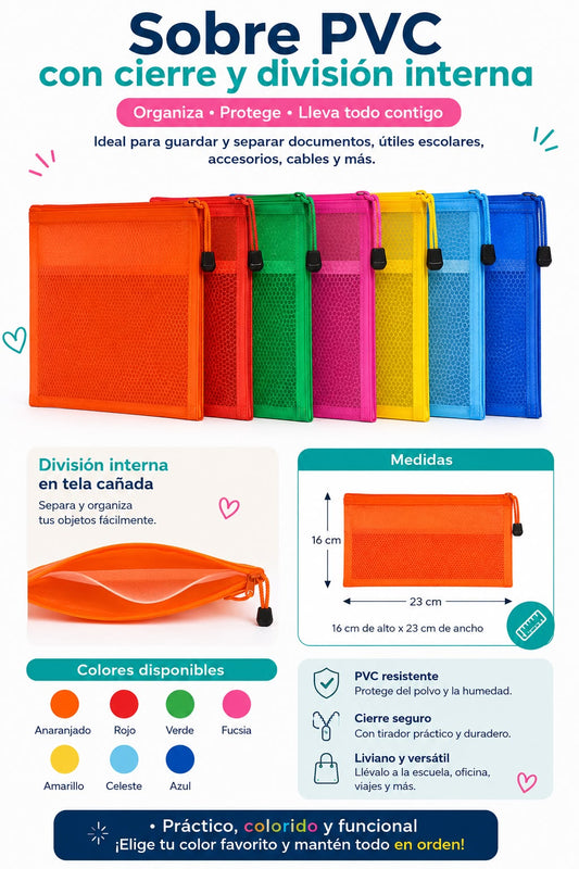 Sobre en Pvc con cierre y división interna