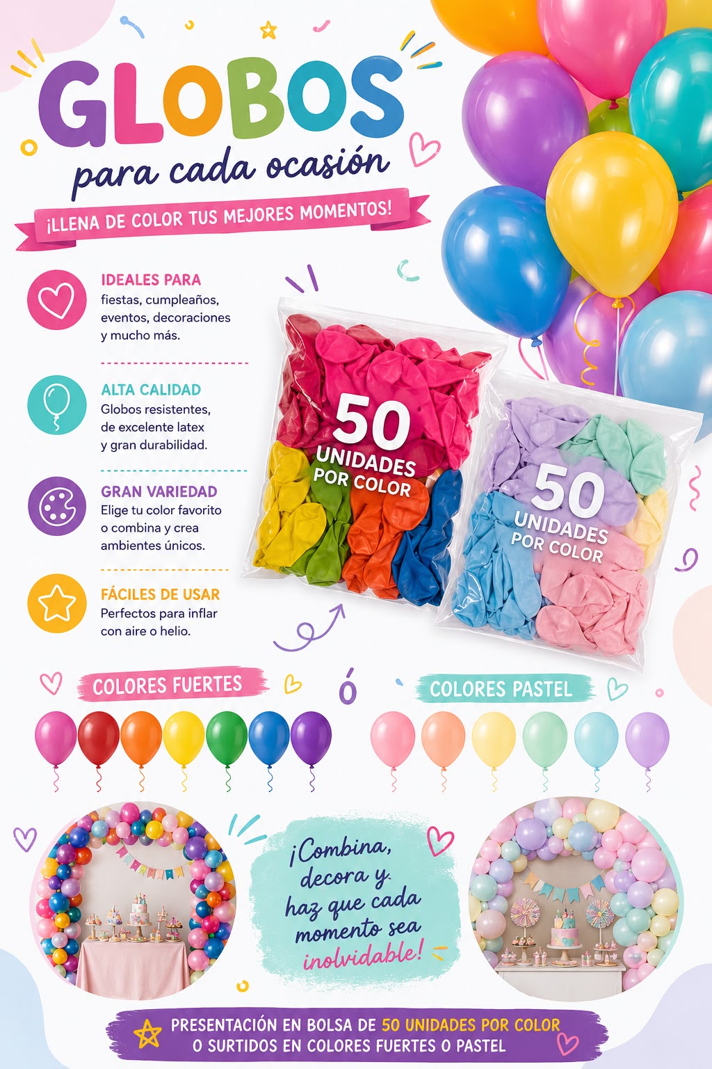 Globos de colores 9" paq. x 50
