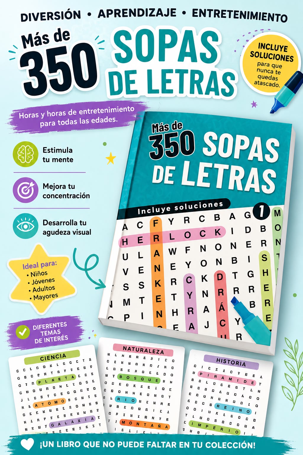 Libro con 350 sopas de Letras