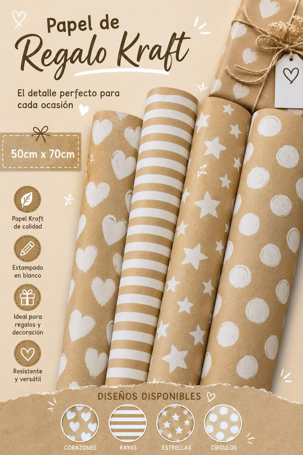 Papel de Regalo Kraft y Blanco