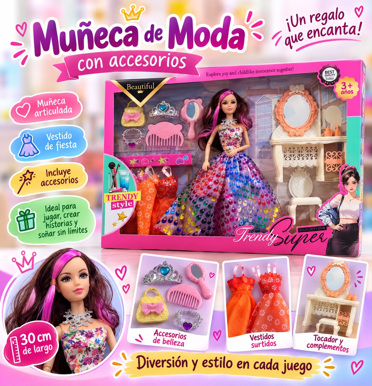 Muñeca de 30cm con vestido de fiesta y accesorios en caja