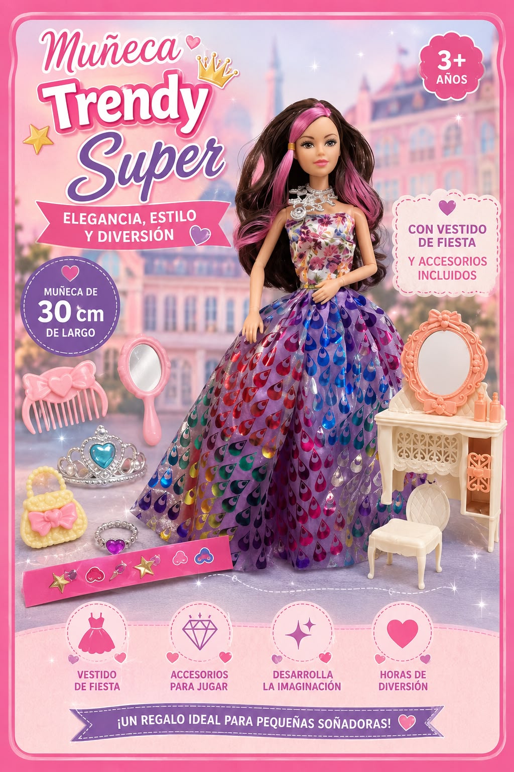 Muñeca de 30cm con vestido de fiesta y accesorios en caja