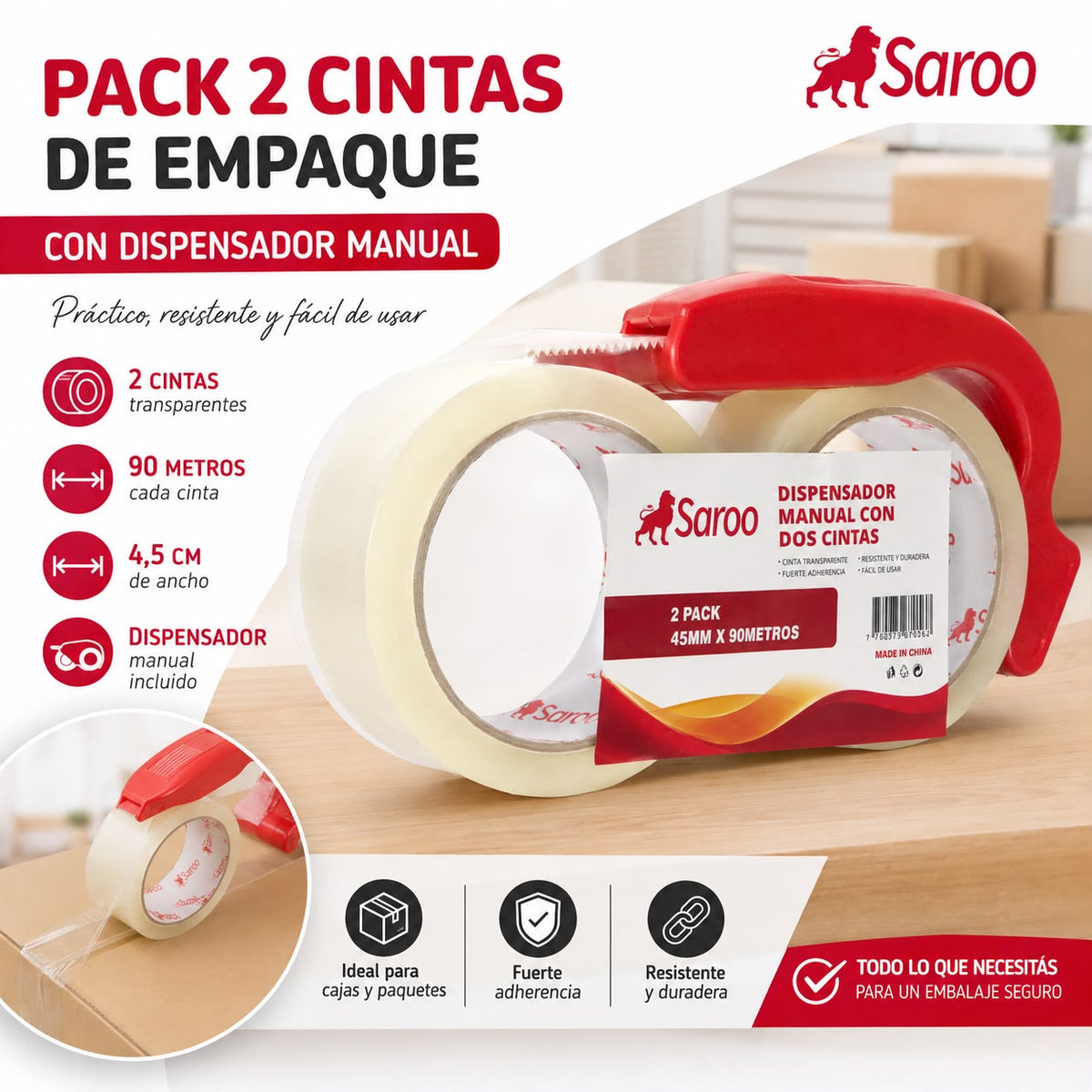 Cintas de Empaque Saroo 90 metros con dispensador, pack x 2