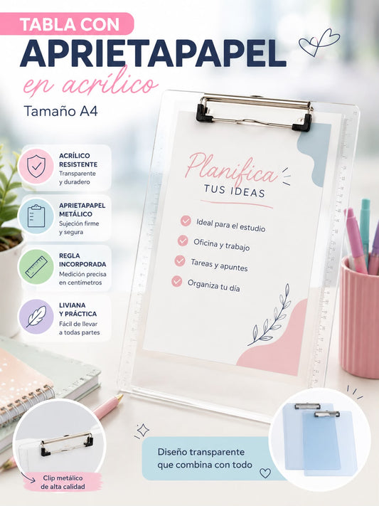 Tabla con Aprietapapel de Acrílico A4