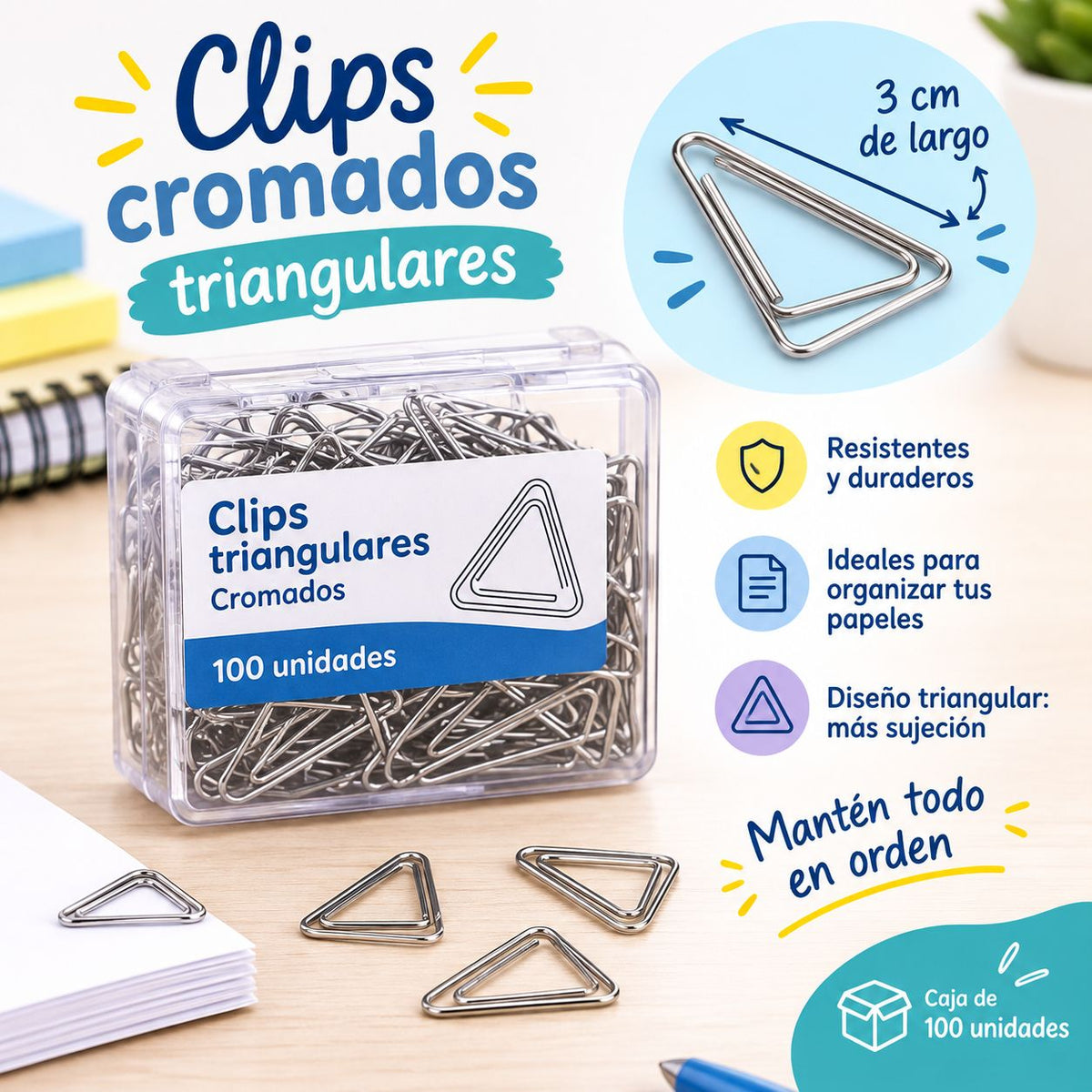 Clips triangulares cromados de 3cm de largo