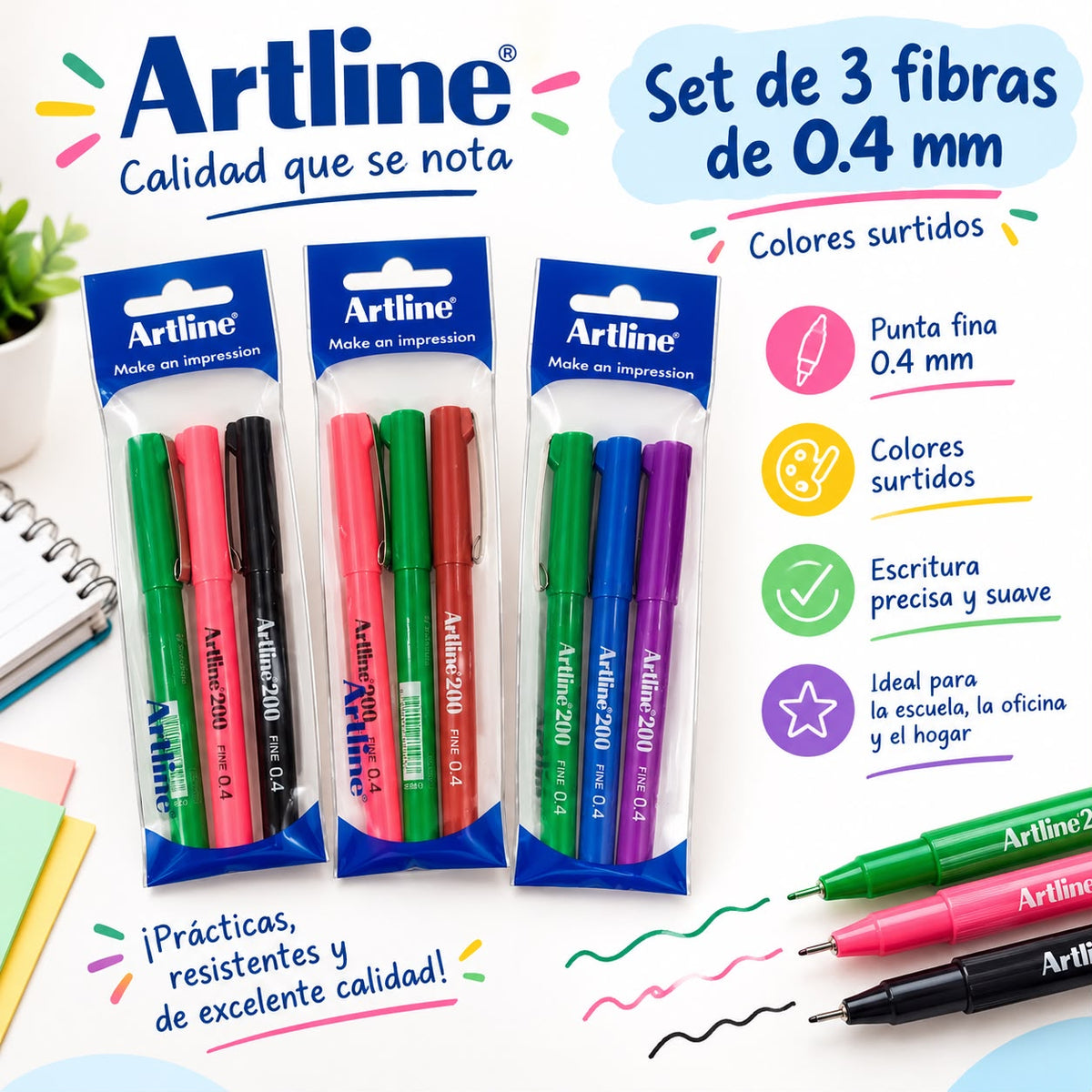 Fibras Artline 0.4mm x 3 Colores Surtidas