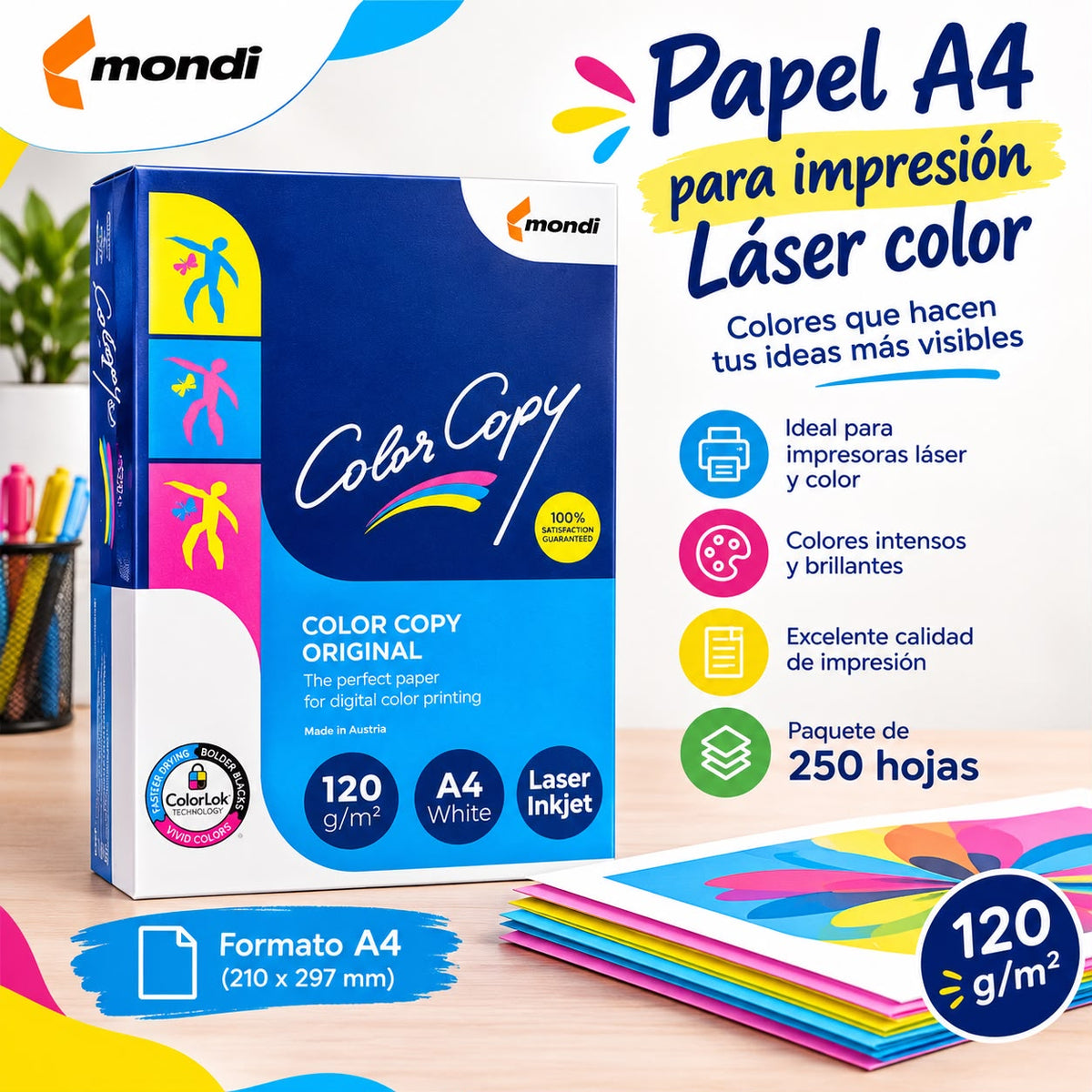 Papel Formato A4, Mondi Laser Color, 120g paquete x 250 hojas