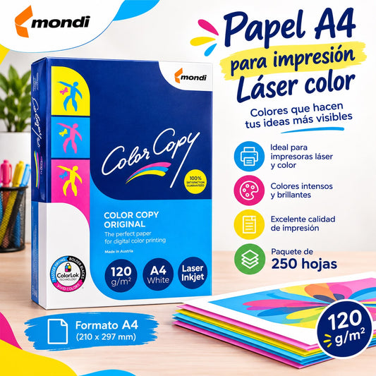 Papel Formato A4, Mondi Laser Color, 120g paquete x 250 hojas