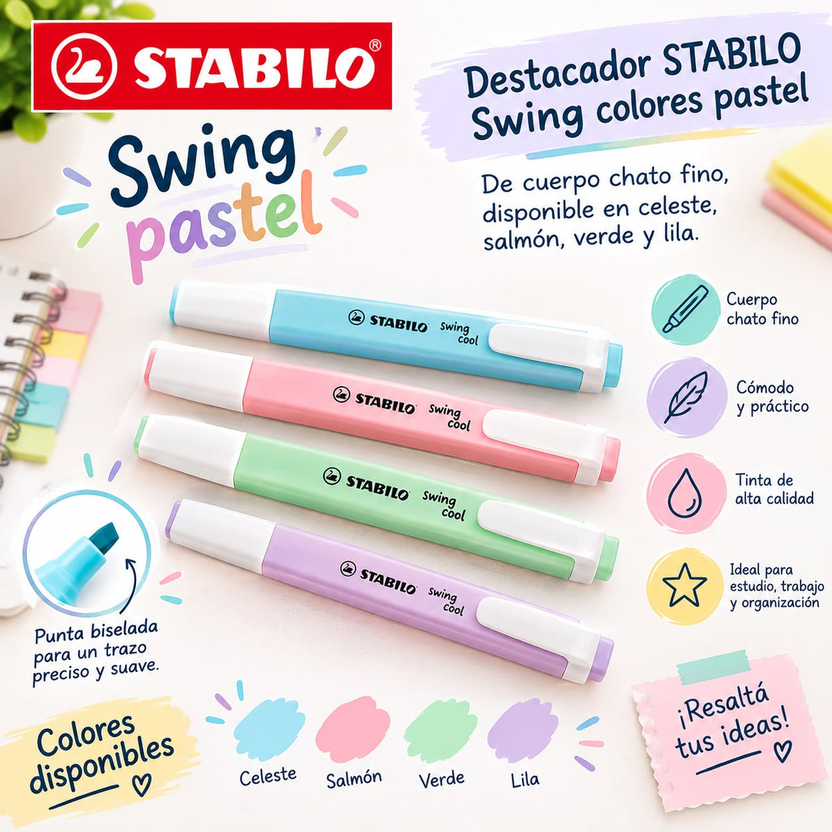 Destacador Stabilo Swing Colores Pastel