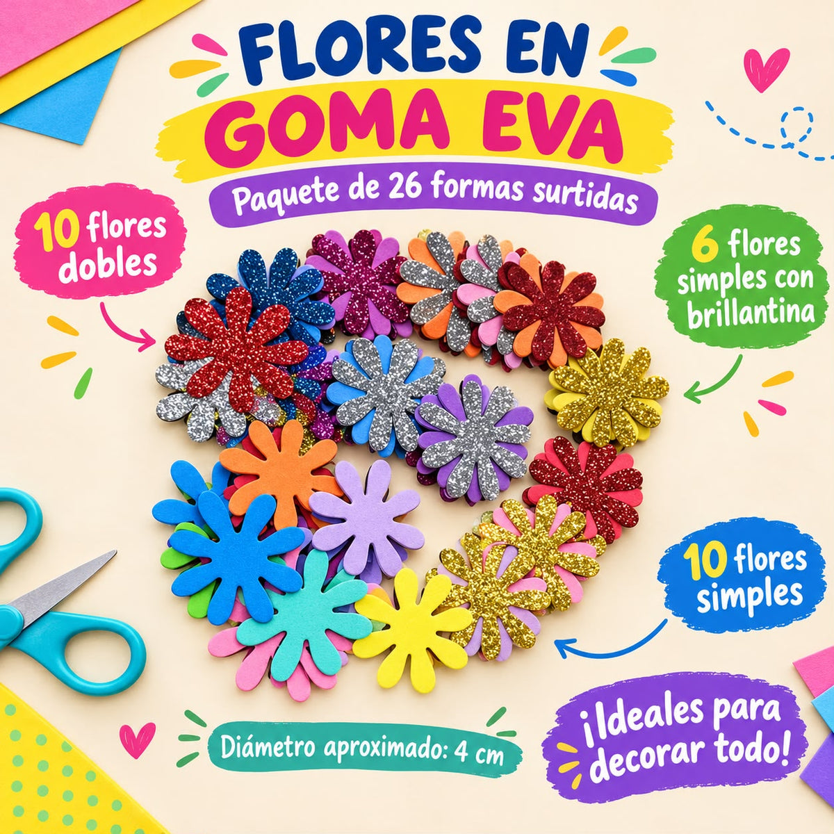 Goma Eva con Formas sin Adhesivo Flores x 26