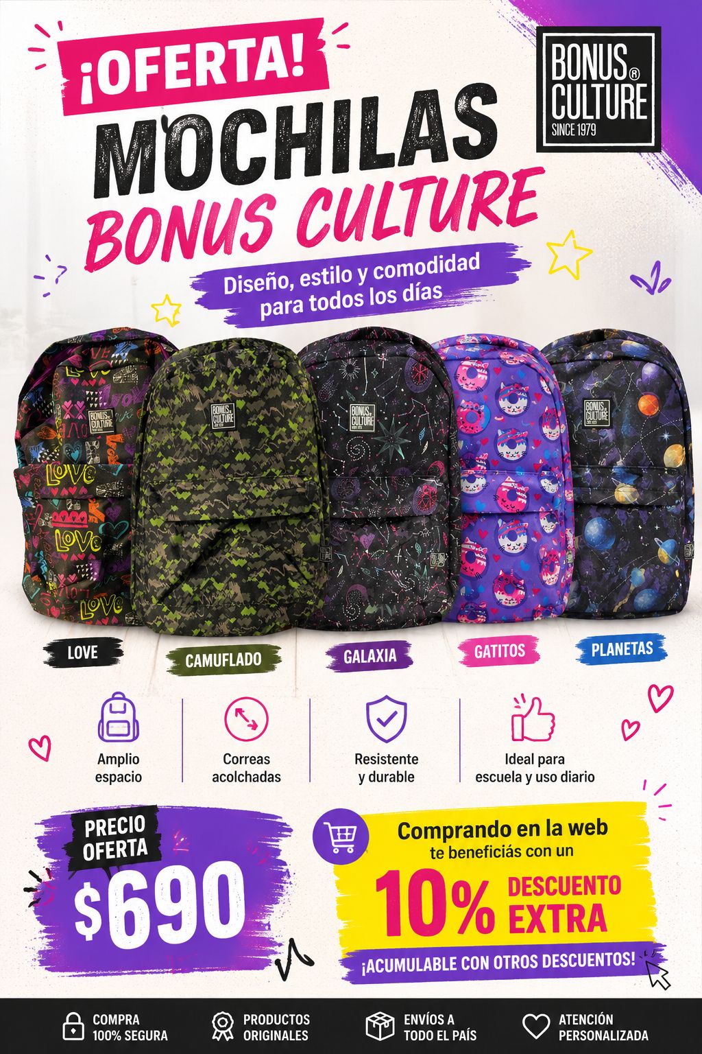 Mochila Bonus Culture Una Repartición y bolsillo delantero